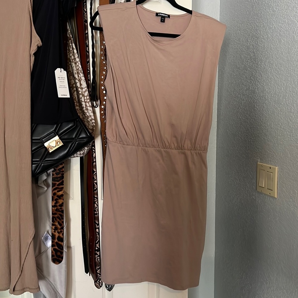 Tan dress with shoulder pads
